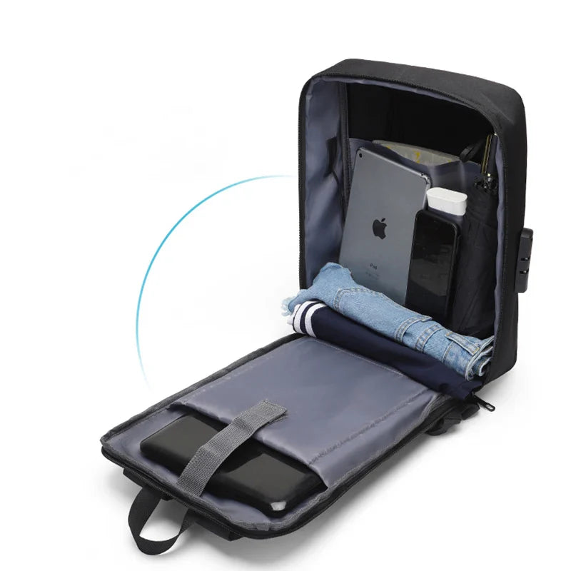 Mochila Executiva Monzzani MZ804 com porta USB, cadeado de senha, alças acolchoadas e compartimento para notebook.