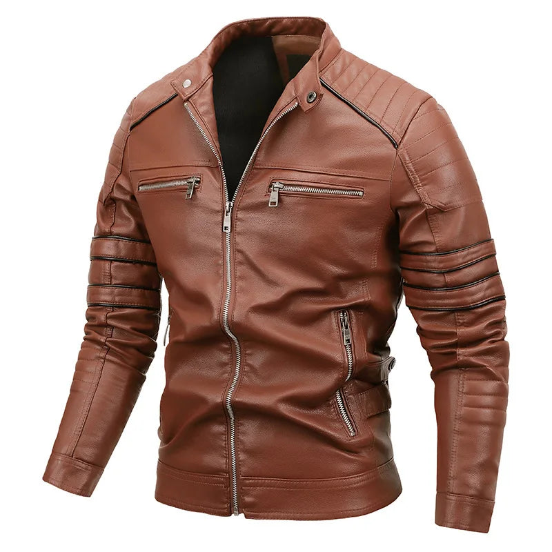 Jaqueta Masculina de Couro Monzzani com design elegante, bolsos funcionais e acabamento reforçado, ideal para dias frios.